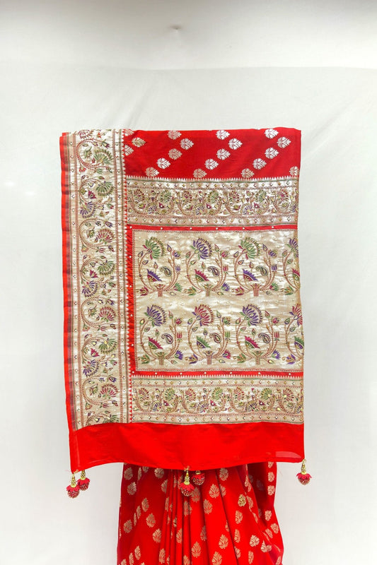 Radiant Red Banarasi Silk Saree with Zari Weaving - Mangaldeep NX