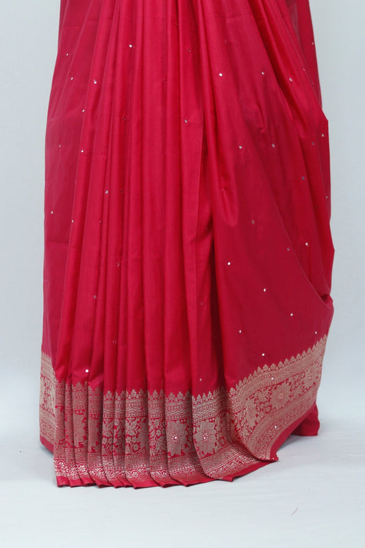Radiant Red Banarasi Silk Saree with Zari Weaving & Tassel Border – Bridal & Festive Traditional Wear - Mangaldeep NX
