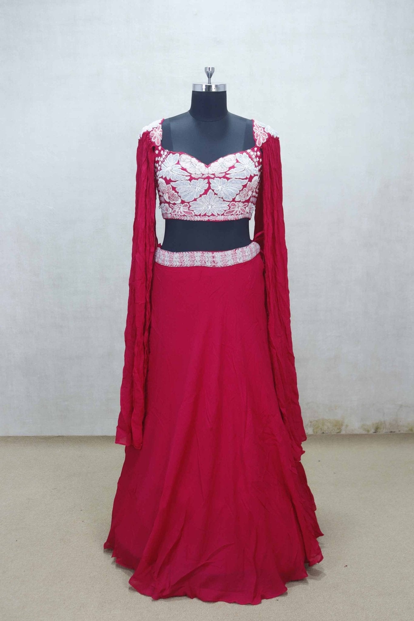Rani Embroidered Lehenga Set with Crushed Dupatta and Sweetheart Neck Blouse - Mangaldeep NX