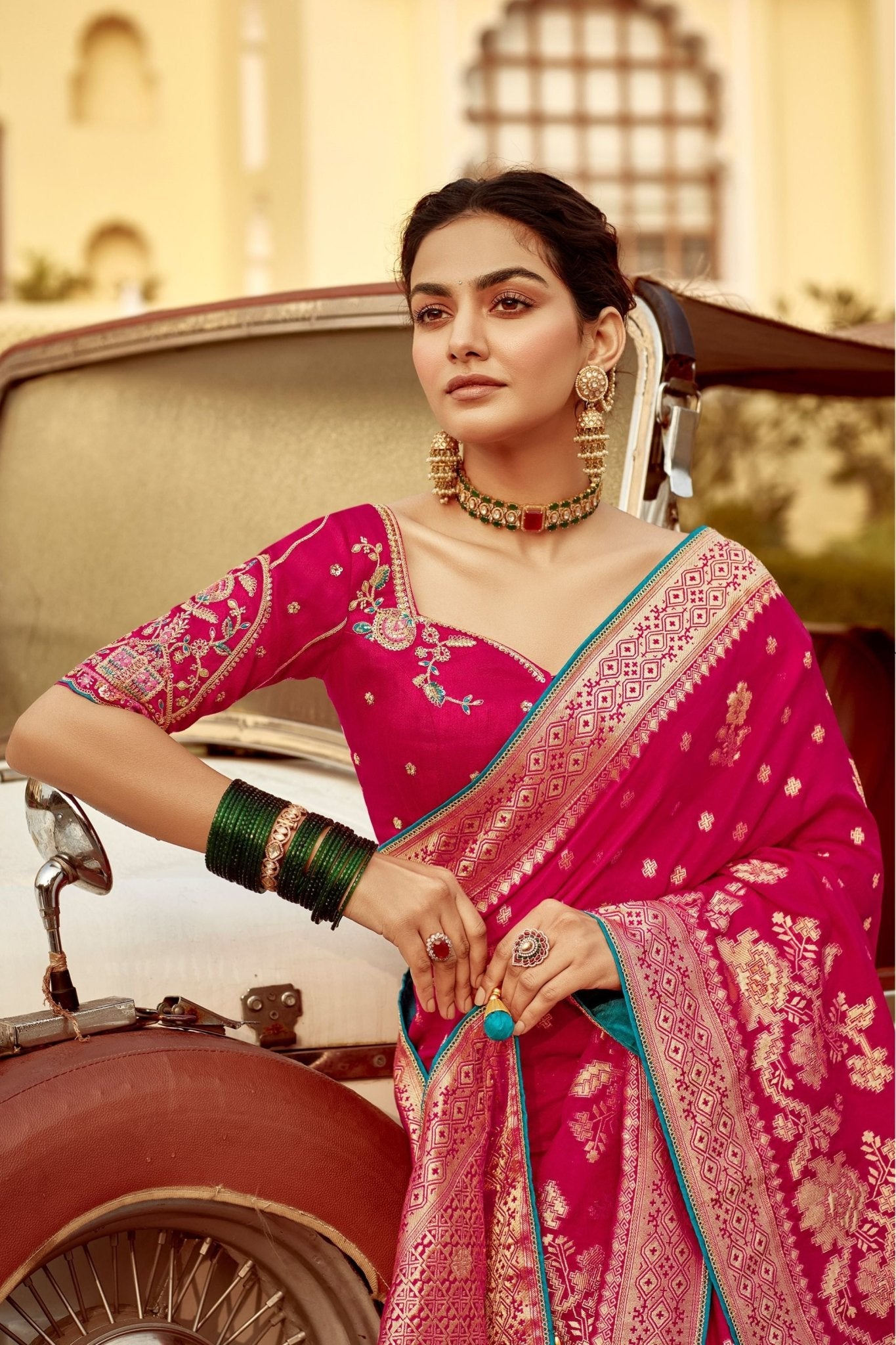 Rani Pink Banarasi Silk Saree with Gold Zari Work - Mangaldeep NX