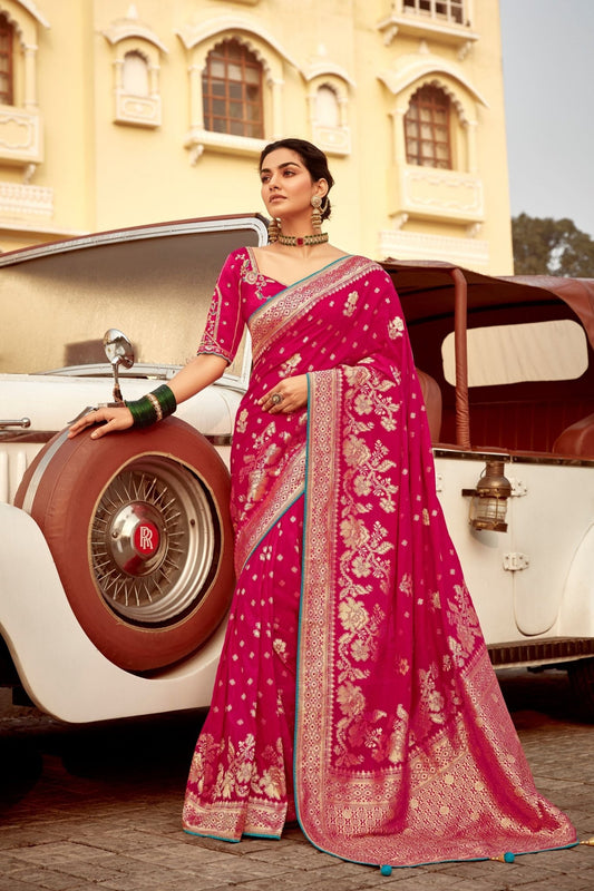Rani Pink Banarasi Silk Saree with Gold Zari Work - Mangaldeep NX