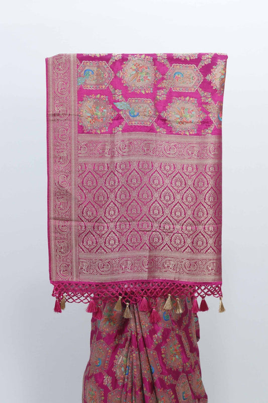 Rani Pink Banarasi Silk Saree with Peacock Gold Zari Pallu with Tassels - Mangaldeep NX
