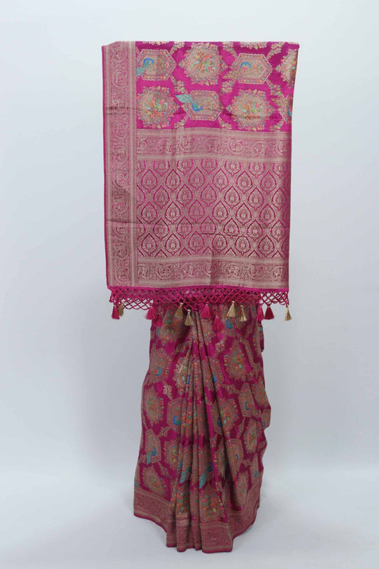 Rani Pink Banarasi Silk Saree with Peacock Gold Zari Pallu with Tassels - Mangaldeep NX