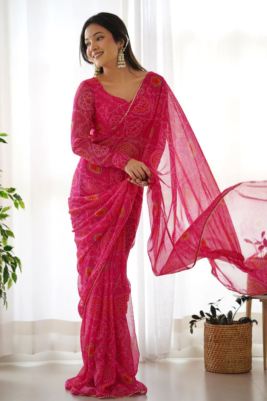 Rani Pink Bandhani Printed Chiffon Saree for Festival Wear with Blouse - Mangaldeep NX
