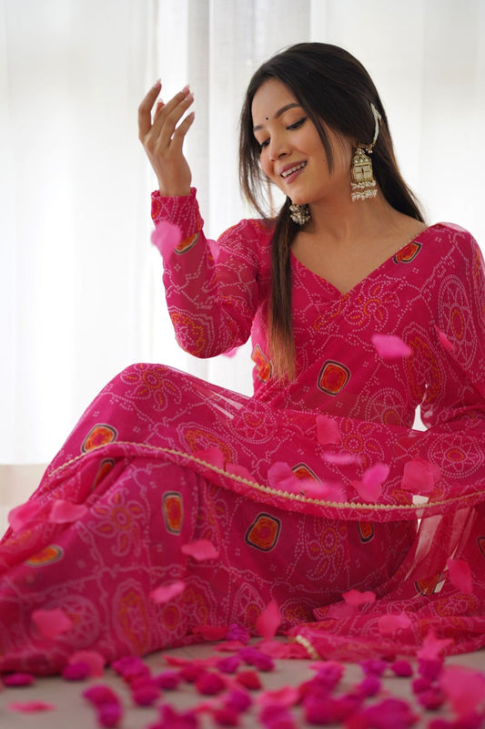 Rani Pink Bandhani Printed Chiffon Saree for Festival Wear with Blouse - Mangaldeep NX
