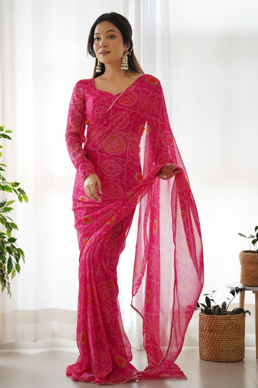 Rani Pink Bandhani Printed Chiffon Saree for Festival Wear with Blouse - Mangaldeep NX