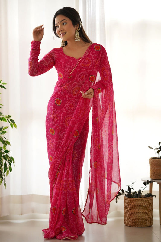 Rani Pink Bandhani Printed Chiffon Saree for Festival Wear with Blouse - Mangaldeep NX