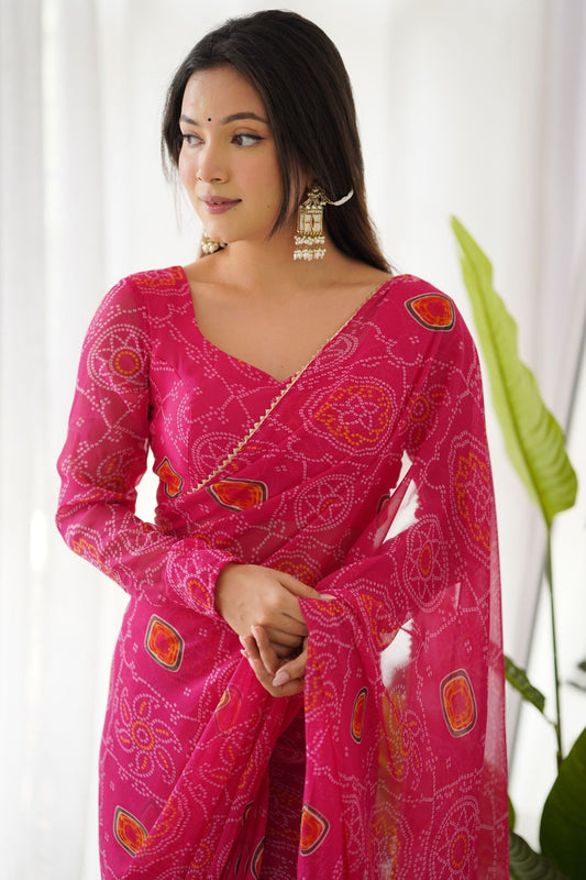 Rani Pink Bandhani Printed Chiffon Saree for Festival Wear with Blouse - Mangaldeep NX