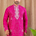 Rani Pink Embroidered Art Silk Kurta for Men with Off - White Pyjama - Mangaldeep NX