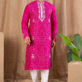 Rani Pink Embroidered Art Silk Kurta for Men with Off - White Pyjama - Mangaldeep NX