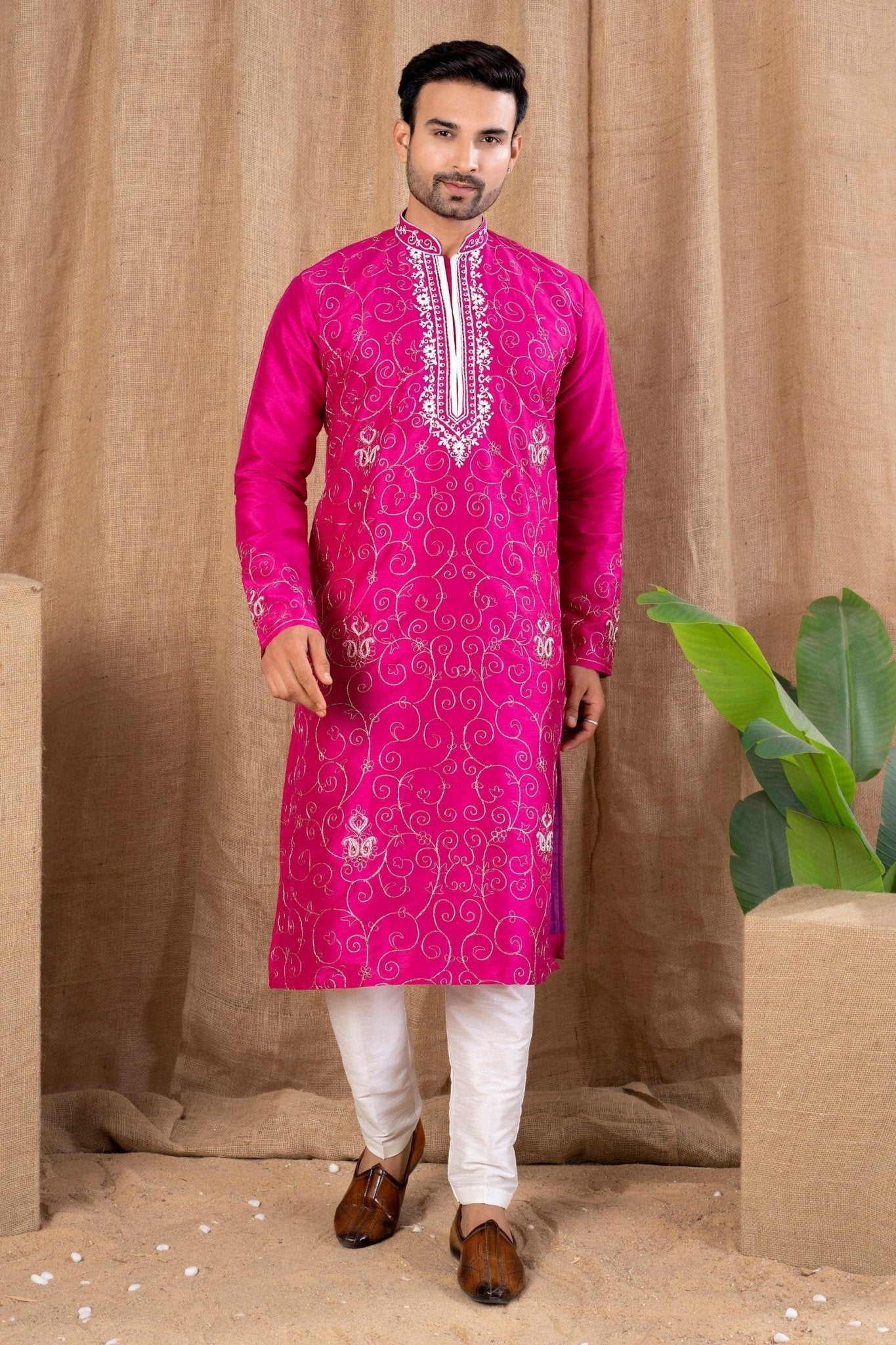 Rani Pink Embroidered Art Silk Kurta for Men with Off - White Pyjama - Mangaldeep NX