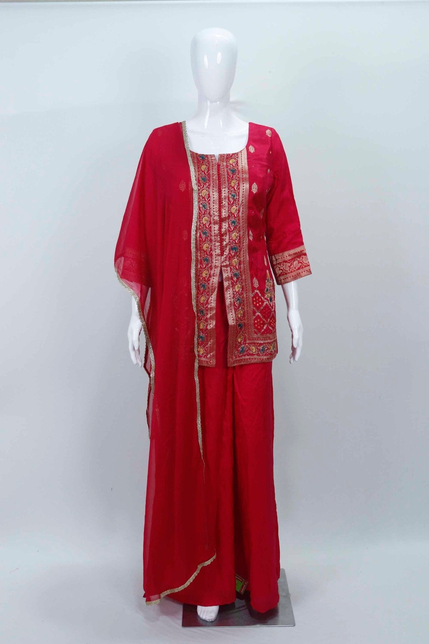 Rani Pink Embroidered Kurta Palazzo Set with Zari Work and Matching Dupatta - Mangaldeep NX