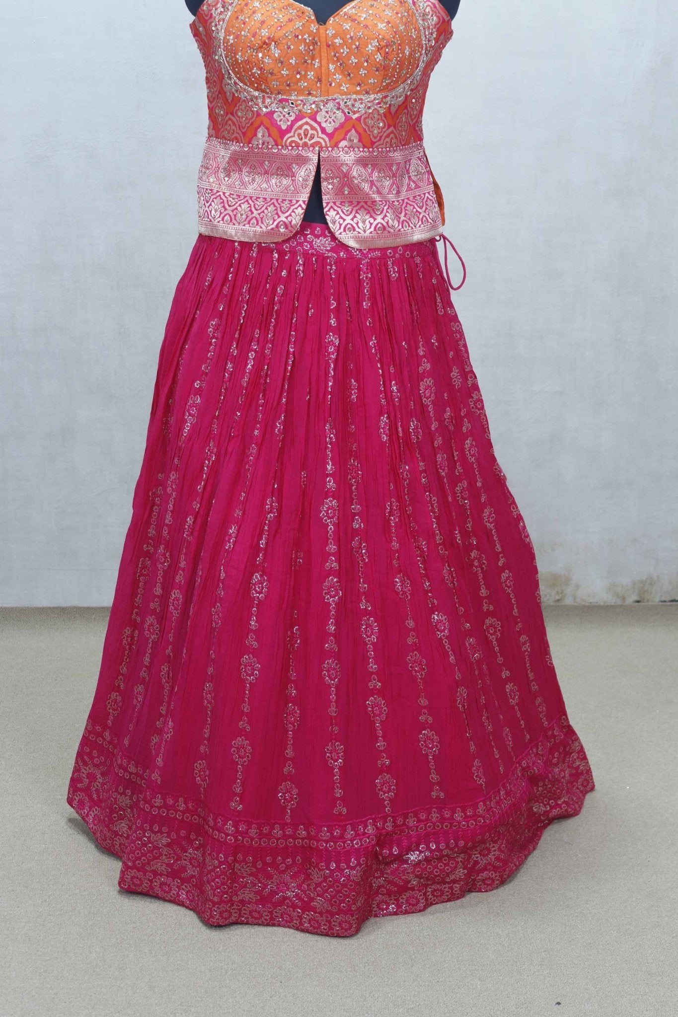 Rani Pink Embroidered Lehenga Choli with Orange Mirror Work Blouse and Printed Jacket Style Detail - Mangaldeep NX