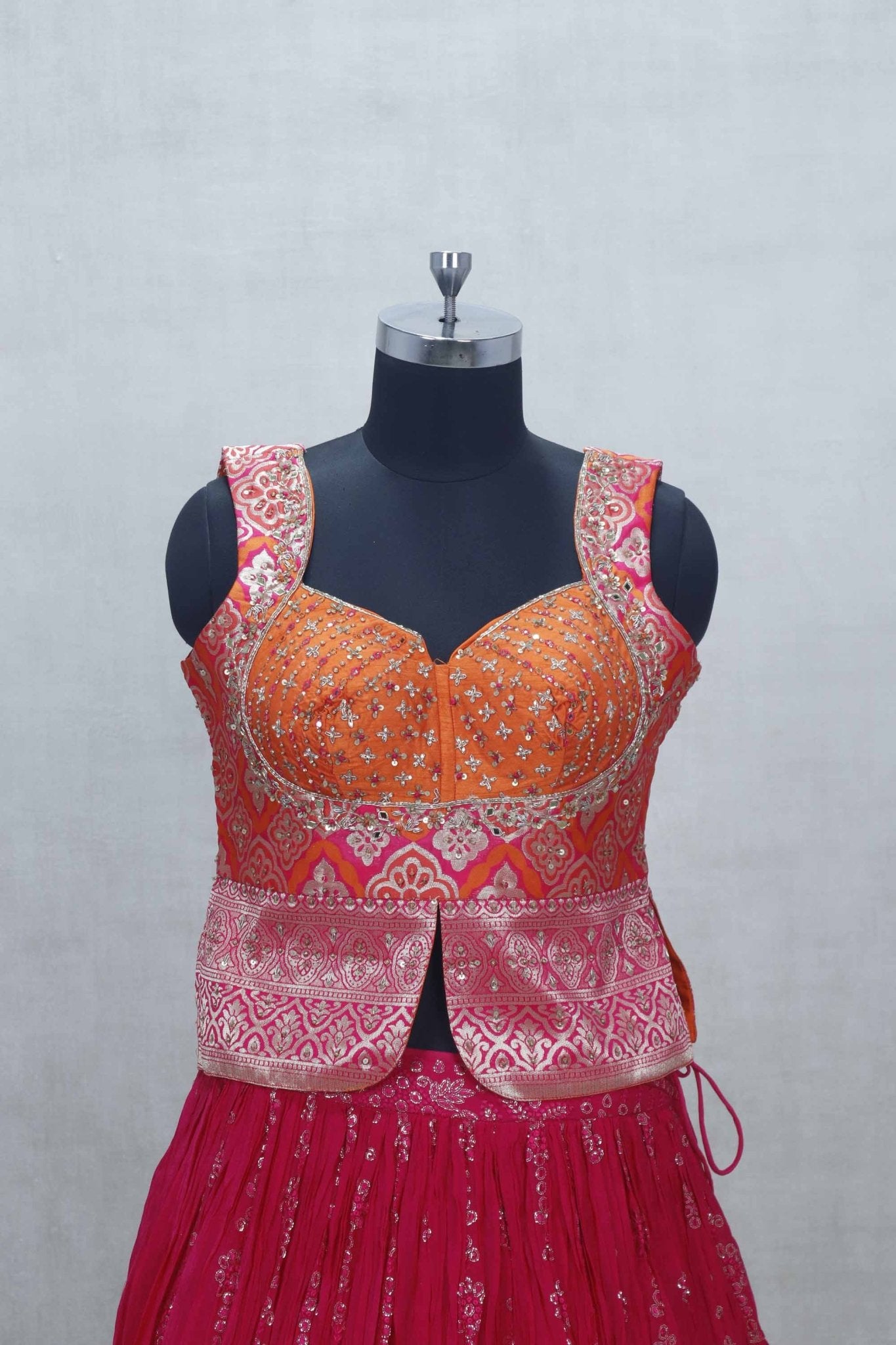 Rani Pink Embroidered Lehenga Choli with Orange Mirror Work Blouse and Printed Jacket Style Detail - Mangaldeep NX