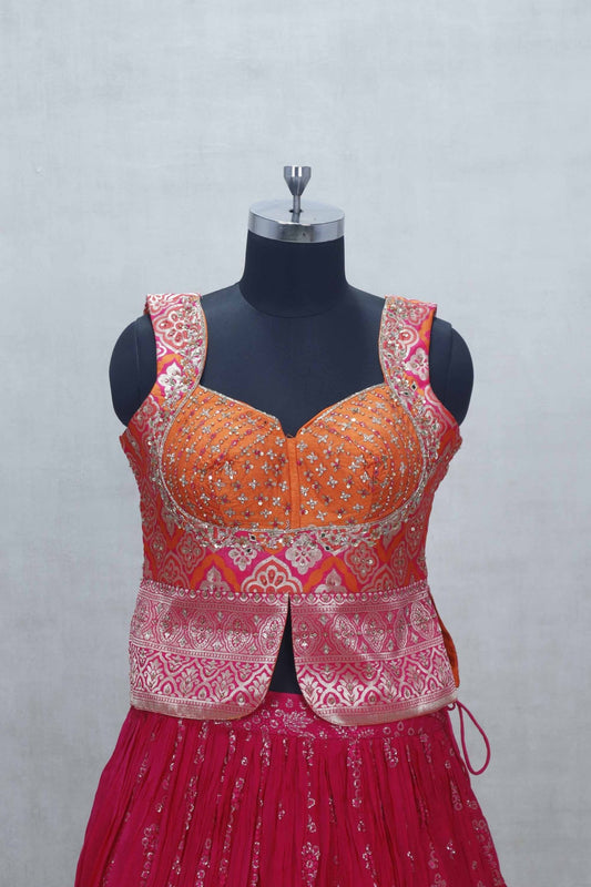Rani Pink Embroidered Lehenga Choli with Orange Mirror Work Blouse and Printed Jacket Style Detail - Mangaldeep NX