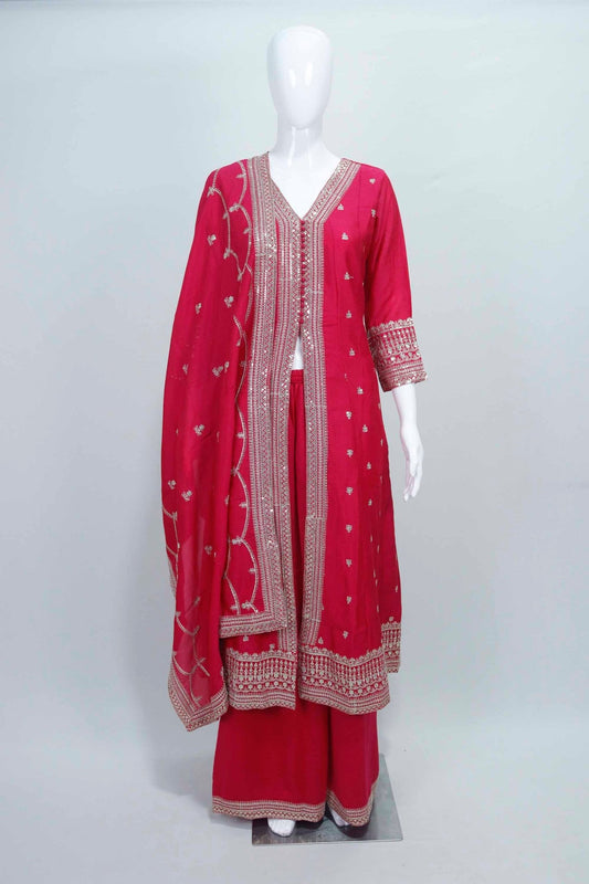Rani Pink Embroidered Sharara Suit with Mirror and Zari Work Dupatta - Mangaldeep NX