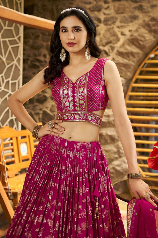 Rani Pink Embroidered Silk Lehenga Choli Set with Mirror Work and Sequin Dupatta - Mangaldeep NX