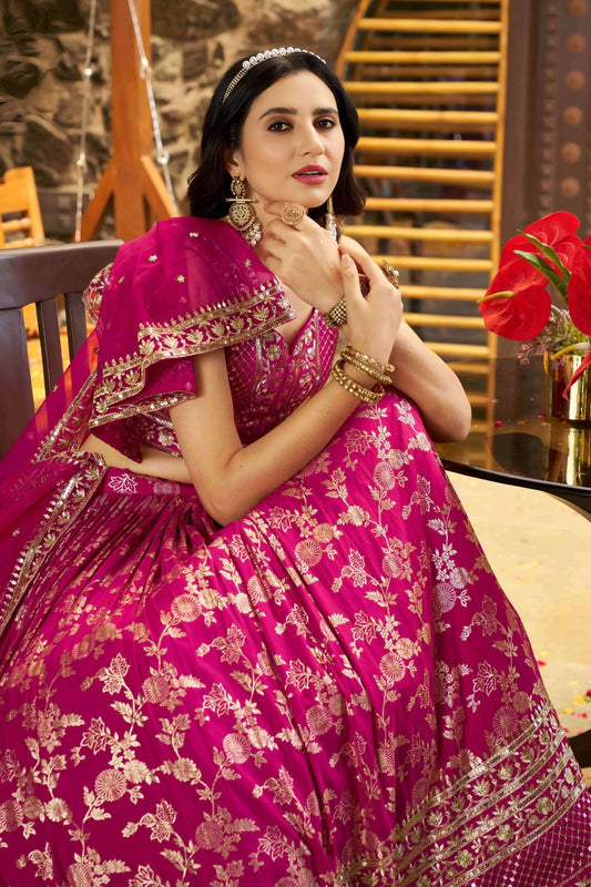 Rani Pink Embroidered Silk Lehenga Choli Set with Mirror Work and Sequin Dupatta - Mangaldeep NX