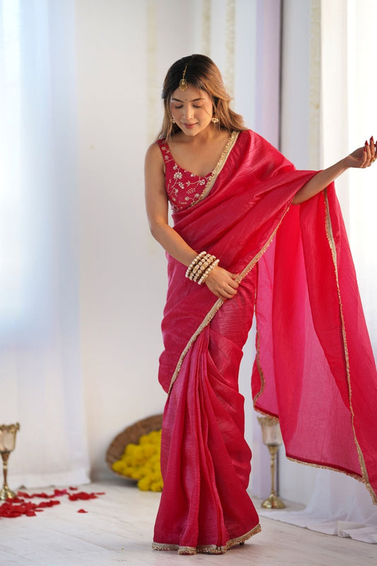 Rani Pink Gold Crushed Tissue Silk Saree for Festival Wear with Blouse - Mangaldeep NX