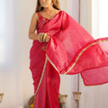 Rani Pink Gold Crushed Tissue Silk Saree for Festival Wear with Blouse - Mangaldeep NX