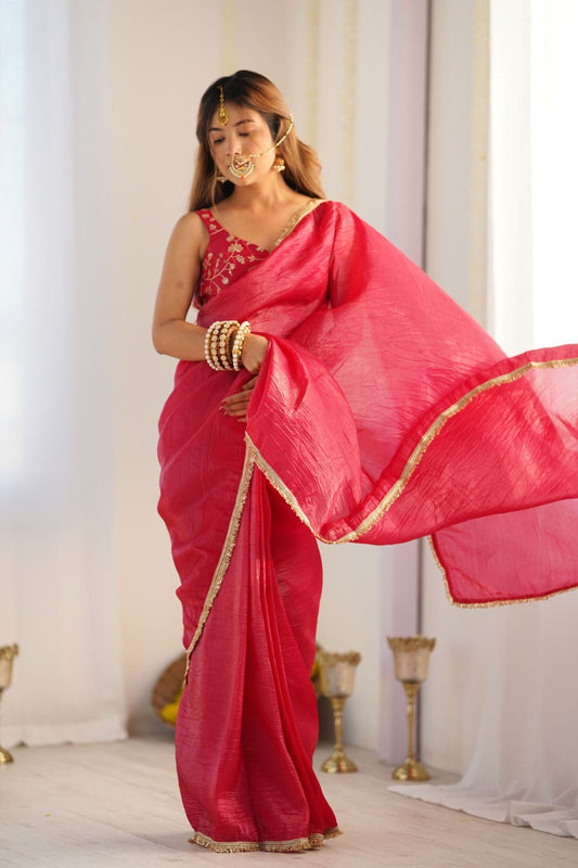 Rani Pink Gold Crushed Tissue Silk Saree for Festival Wear with Blouse - Mangaldeep NX