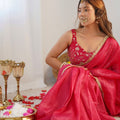 Rani Pink Gold Crushed Tissue Silk Saree for Festival Wear with Blouse - Mangaldeep NX