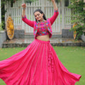 Rani Pink Mirror Work Embroidered Lehenga Choli Set with Multicolor Threadwork Jacket - Mangaldeep NX