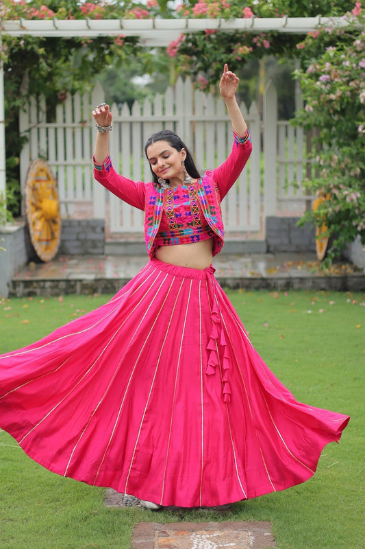 Rani Pink Mirror Work Embroidered Lehenga Choli Set with Multicolor Threadwork Jacket - Mangaldeep NX