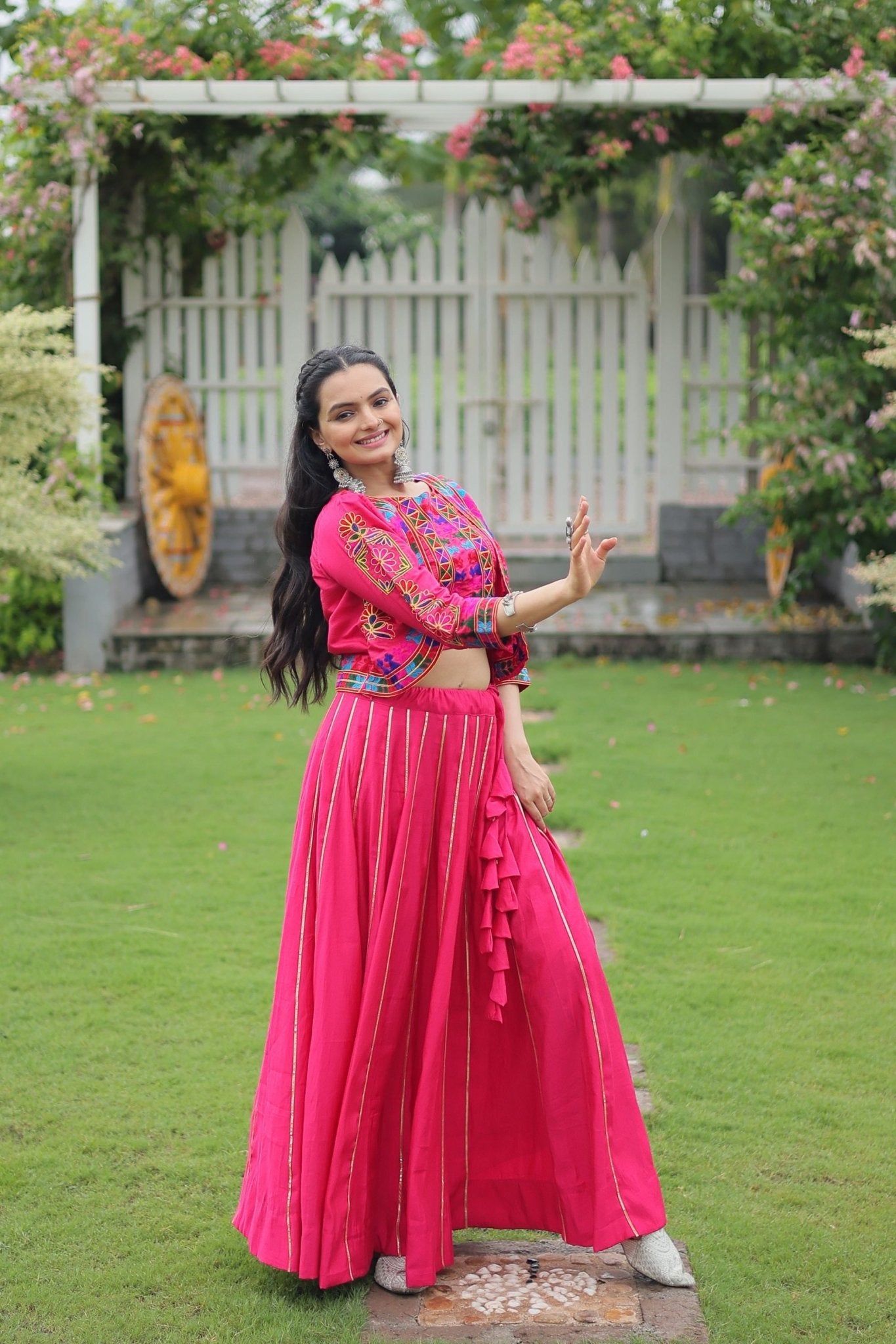 Rani Pink Mirror Work Embroidered Lehenga Choli Set with Multicolor Threadwork Jacket - Mangaldeep NX