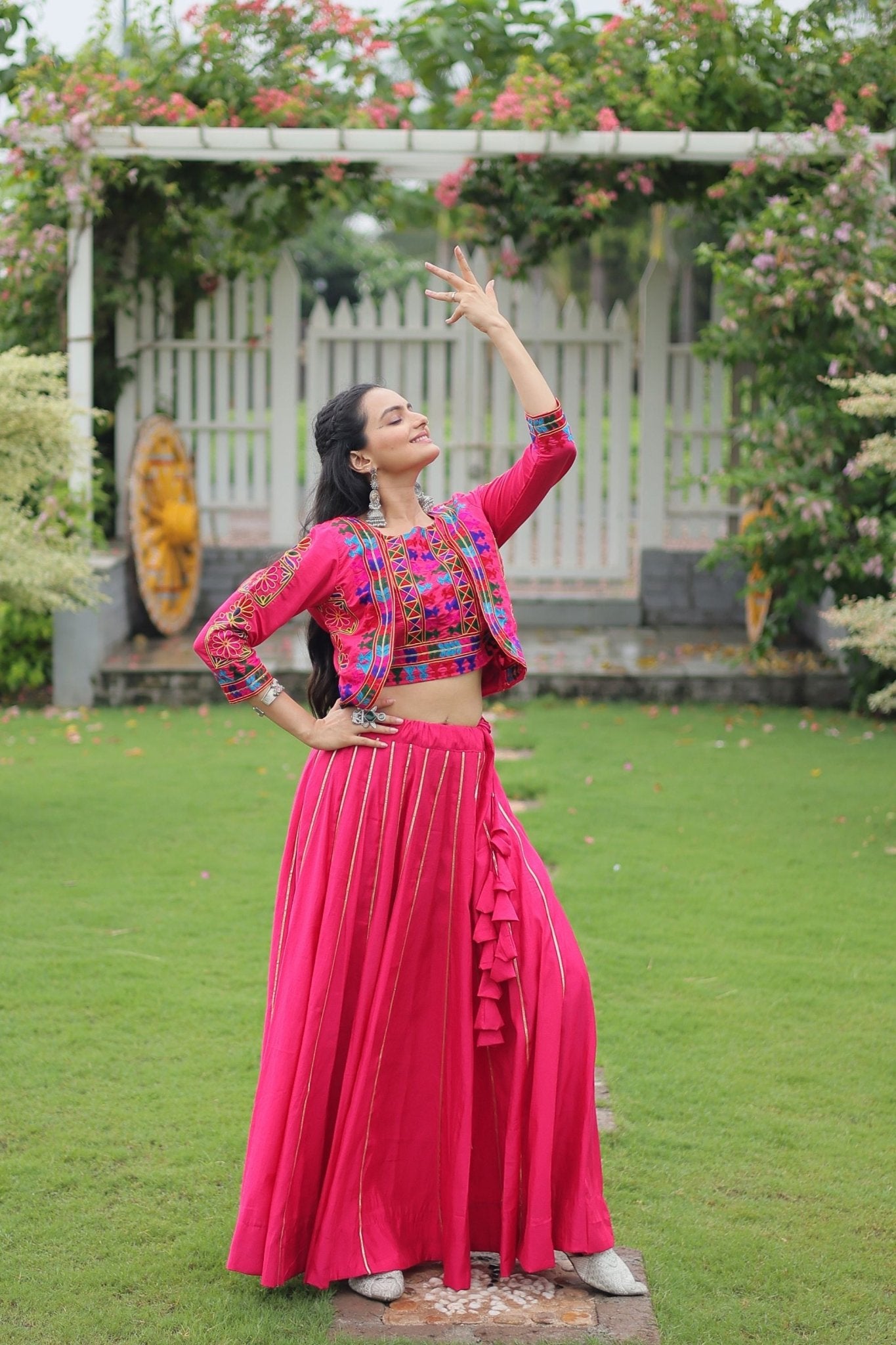 Rani Pink Mirror Work Embroidered Lehenga Choli Set with Multicolor Threadwork Jacket - Mangaldeep NX