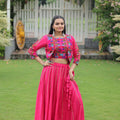 Rani Pink Mirror Work Embroidered Lehenga Choli Set with Multicolor Threadwork Jacket - Mangaldeep NX