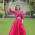 Rani Pink Mirror Work Embroidered Lehenga Choli Set with Multicolor Threadwork Jacket - Mangaldeep NX