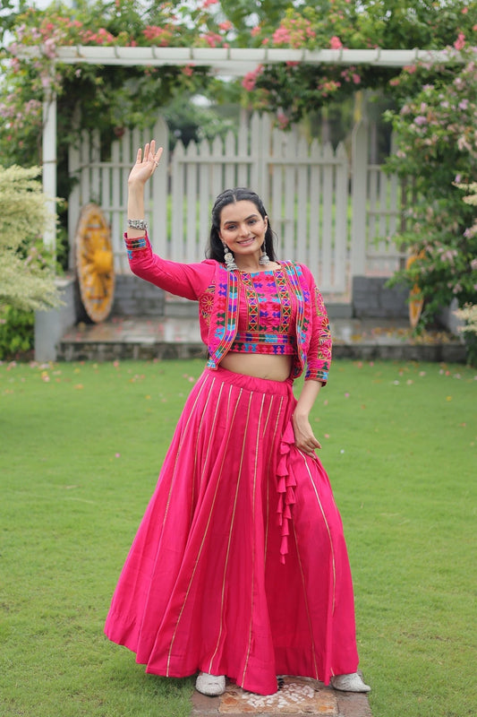 Rani Pink Mirror Work Embroidered Lehenga Choli Set with Multicolor Threadwork Jacket - Mangaldeep NX