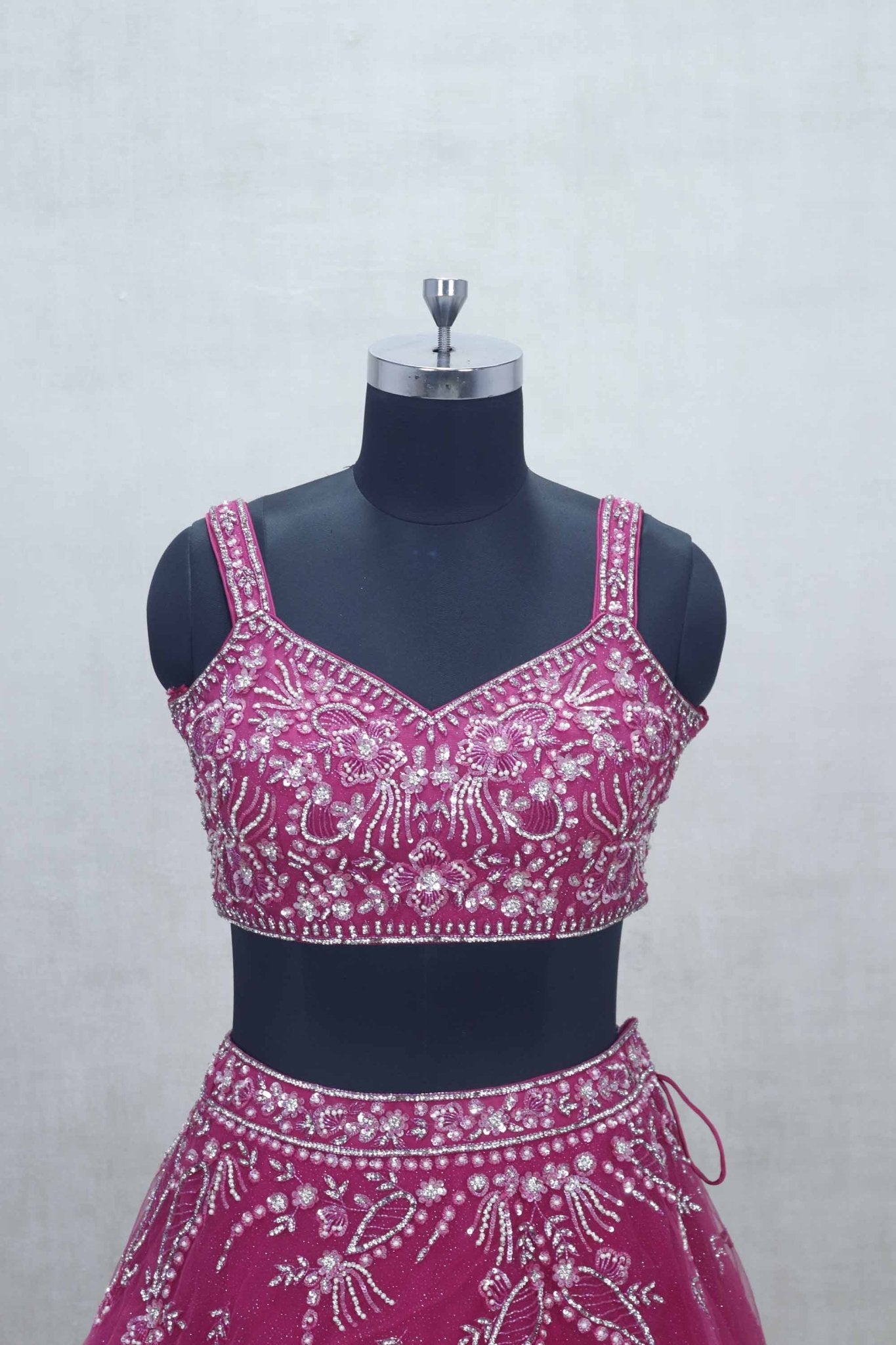 Rani Pink Net Embroidered Lehenga Choli with Sequin Floral Work and Sheer Dupatta - Mangaldeep NX