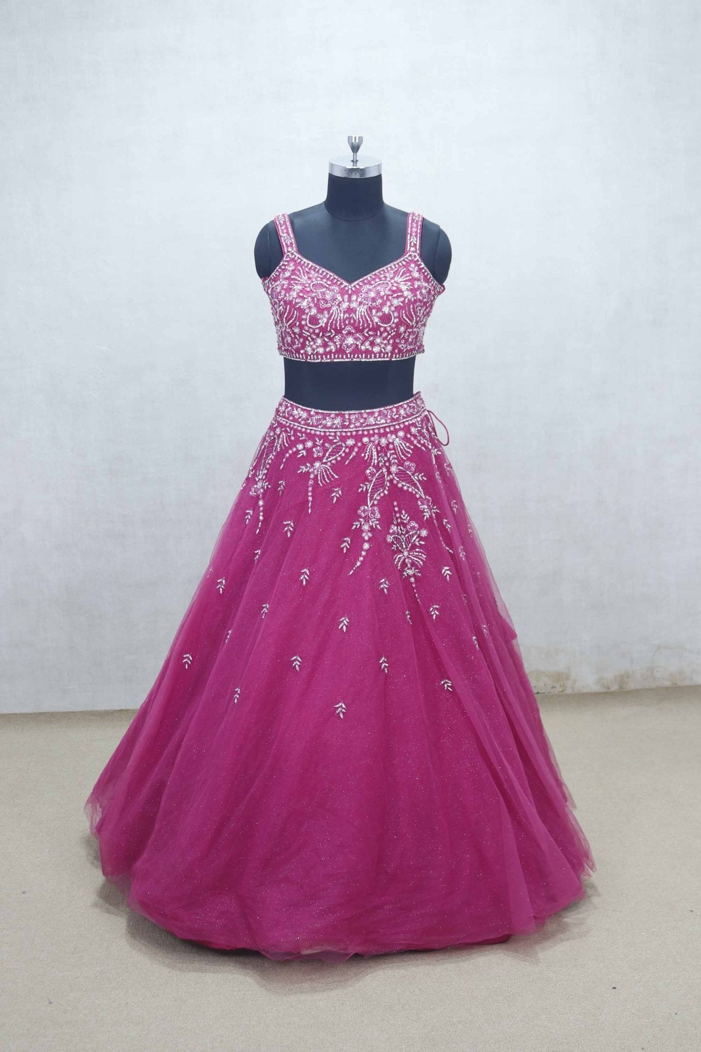 Rani Pink Net Embroidered Lehenga Choli with Sequin Floral Work and Sheer Dupatta - Mangaldeep NX