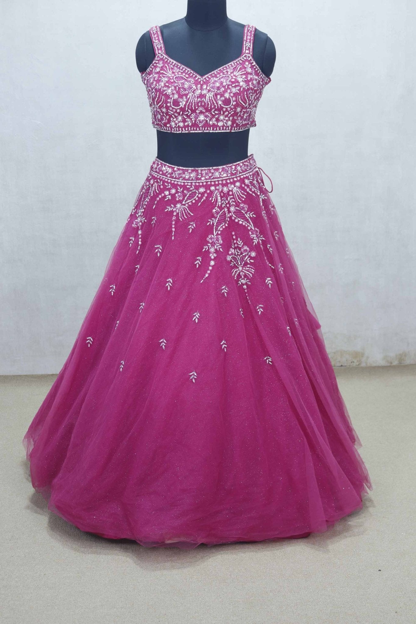 Rani Pink Net Embroidered Lehenga Choli with Sequin Floral Work and Sheer Dupatta - Mangaldeep NX