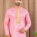 Rani Pink Printed Art Silk Kurta for Men with Beige Pyjama - Mangaldeep NX