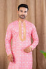 Rani Pink Printed Art Silk Kurta for Men with Beige Pyjama - Mangaldeep NX