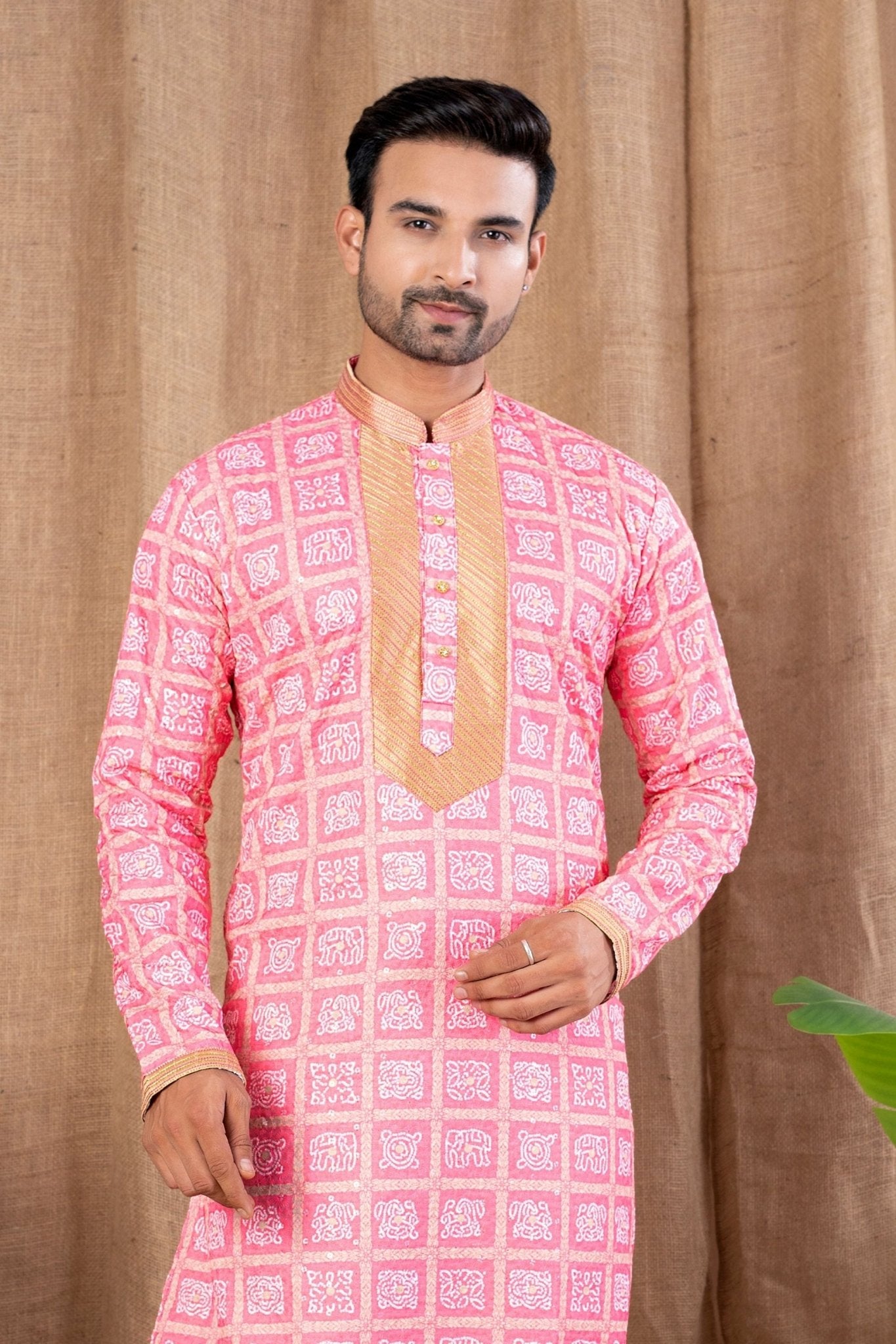 Rani Pink Printed Art Silk Kurta for Men with Beige Pyjama - Mangaldeep NX