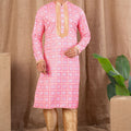 Rani Pink Printed Art Silk Kurta for Men with Beige Pyjama - Mangaldeep NX