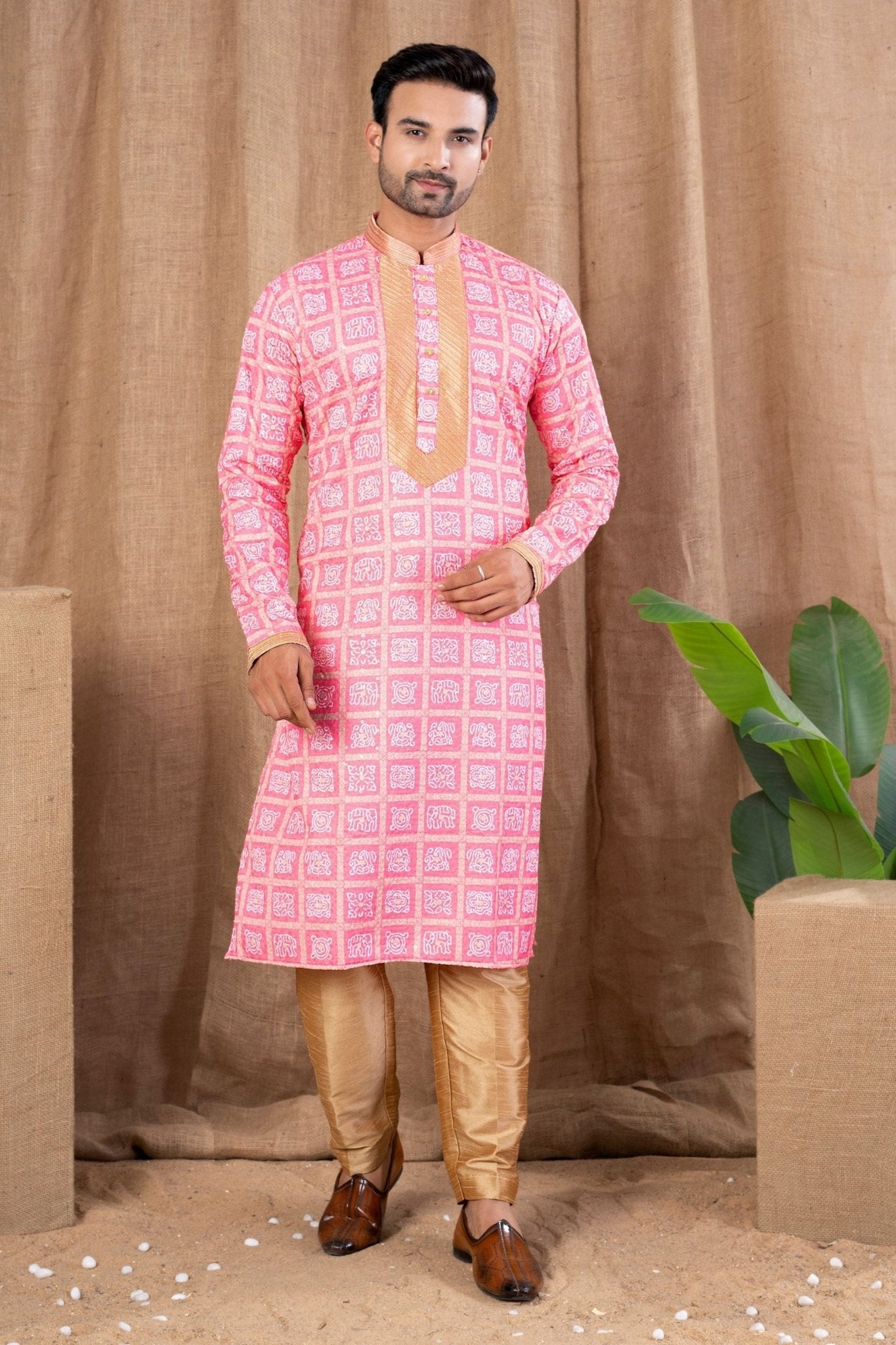 Rani Pink Printed Art Silk Kurta for Men with Beige Pyjama - Mangaldeep NX