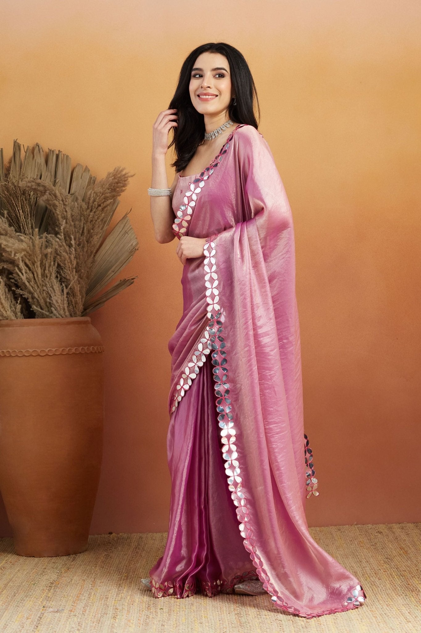 Rani Pink Satin Saree with Mirror Work Floral Border and Unstitched Blouse Piece - Mangaldeep NX