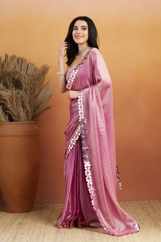 Rani Pink Satin Saree with Mirror Work Floral Border and Unstitched Blouse Piece - Mangaldeep NX