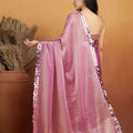 Rani Pink Satin Saree with Mirror Work Floral Border and Unstitched Blouse Piece - Mangaldeep NX