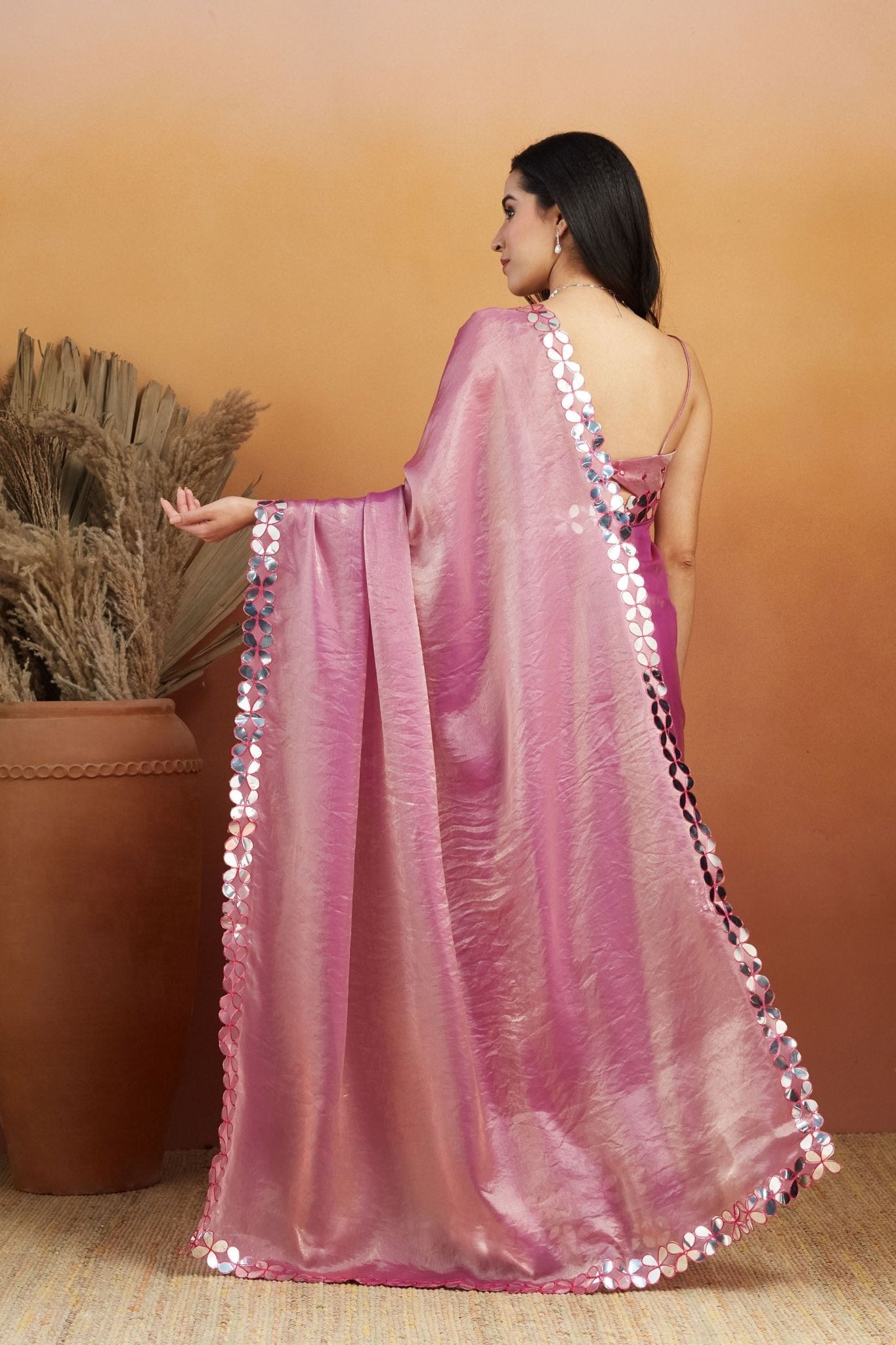 Rani Pink Satin Saree with Mirror Work Floral Border and Unstitched Blouse Piece - Mangaldeep NX
