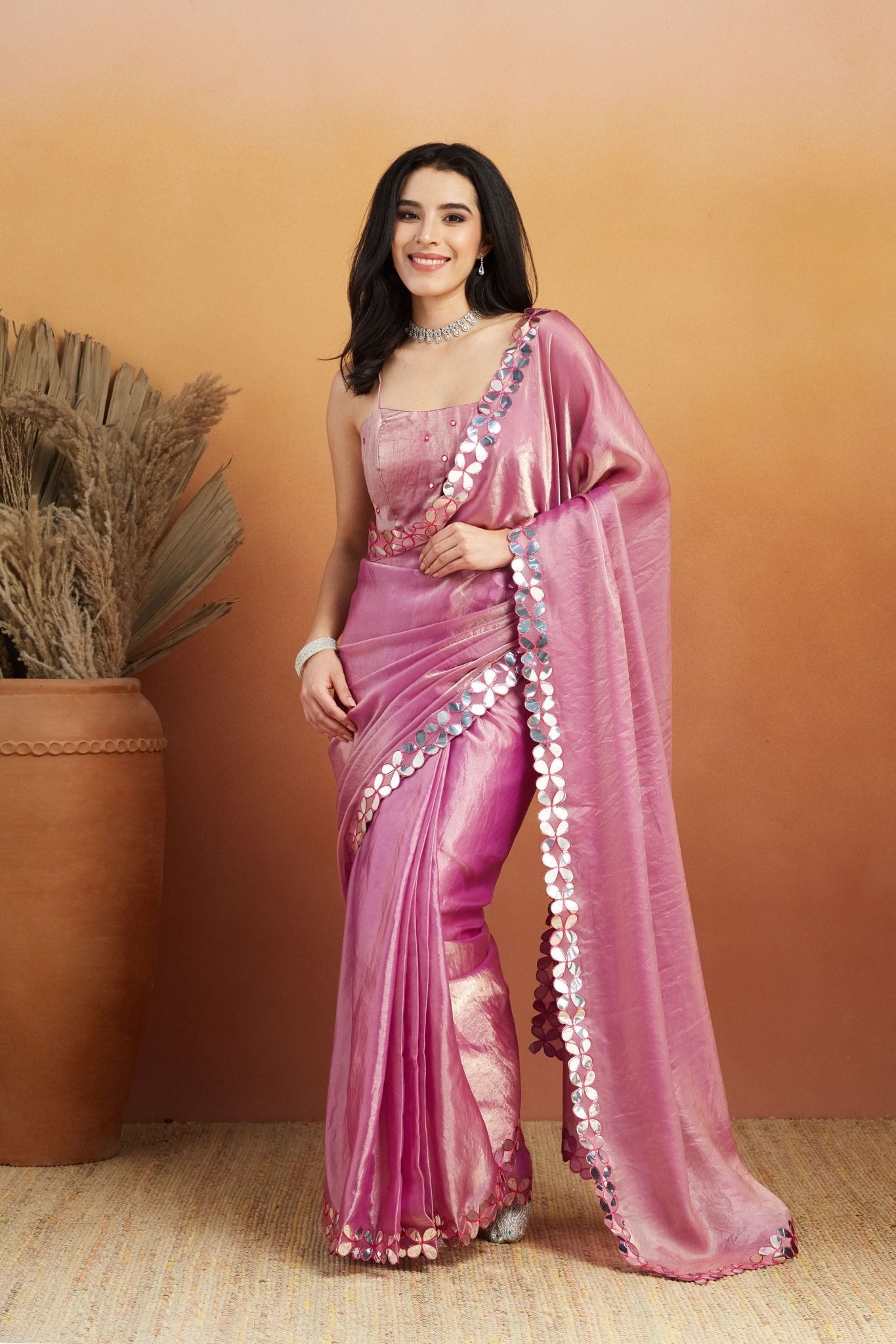 Rani Pink Satin Saree with Mirror Work Floral Border and Unstitched Blouse Piece - Mangaldeep NX