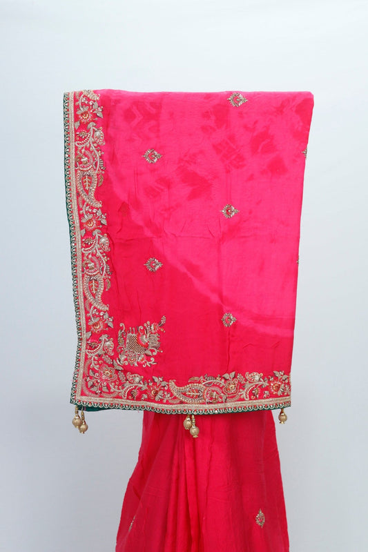 Rani Pink Silk Saree with Intricate Zari Embroidery and Heavy Border - Mangaldeep NX