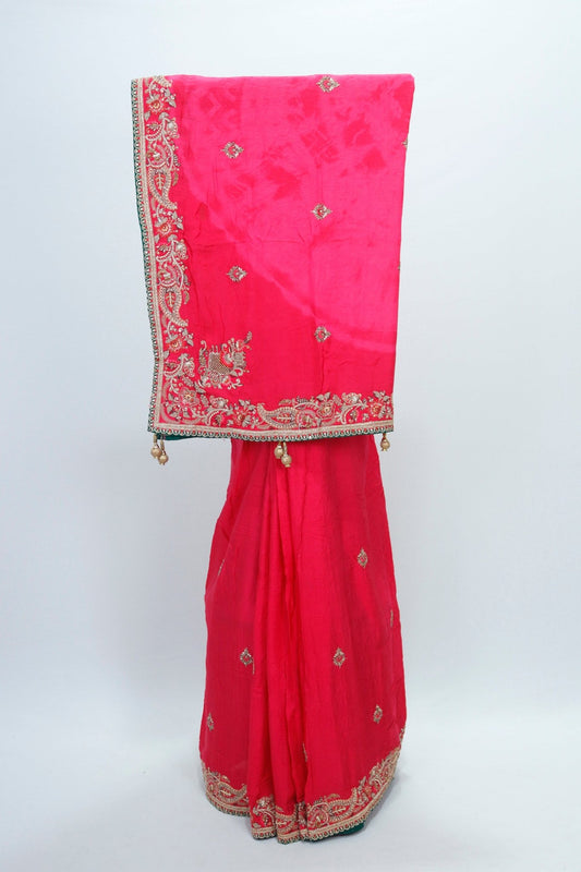 Rani Pink Silk Saree with Intricate Zari Embroidery and Heavy Border - Mangaldeep NX