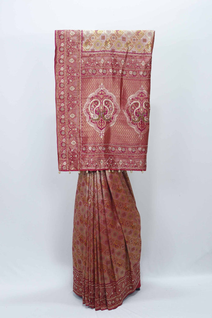 Red and Maroon Kanjivaram Silk Saree with Heavy Zari Woven Pallu - Mangaldeep NX