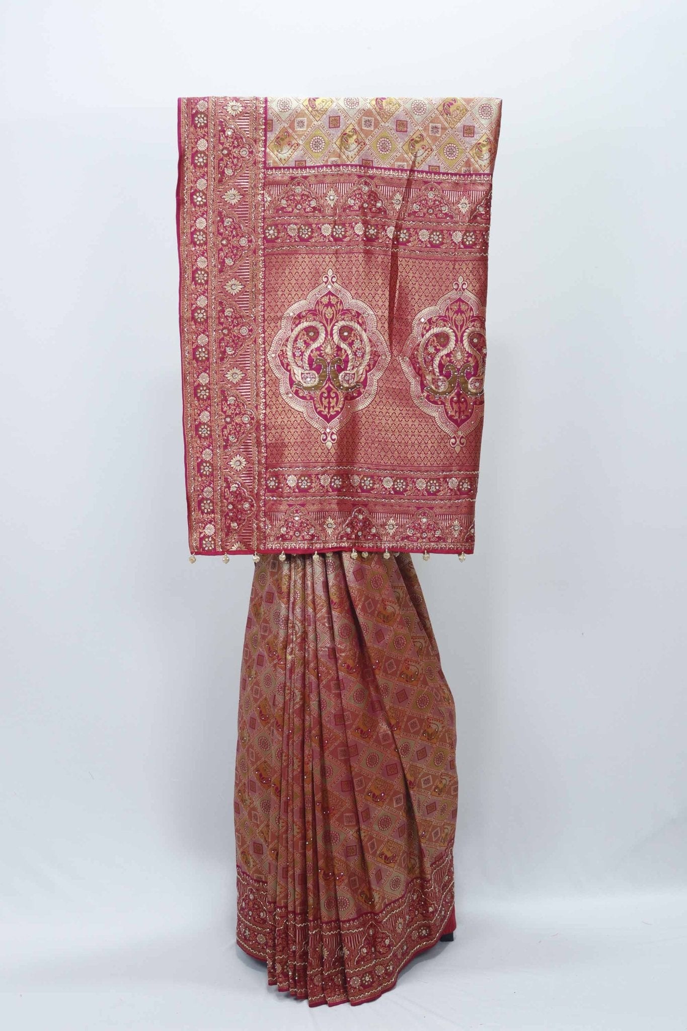 Red and Maroon Kanjivaram Silk Saree with Heavy Zari Woven Pallu - Mangaldeep NX
